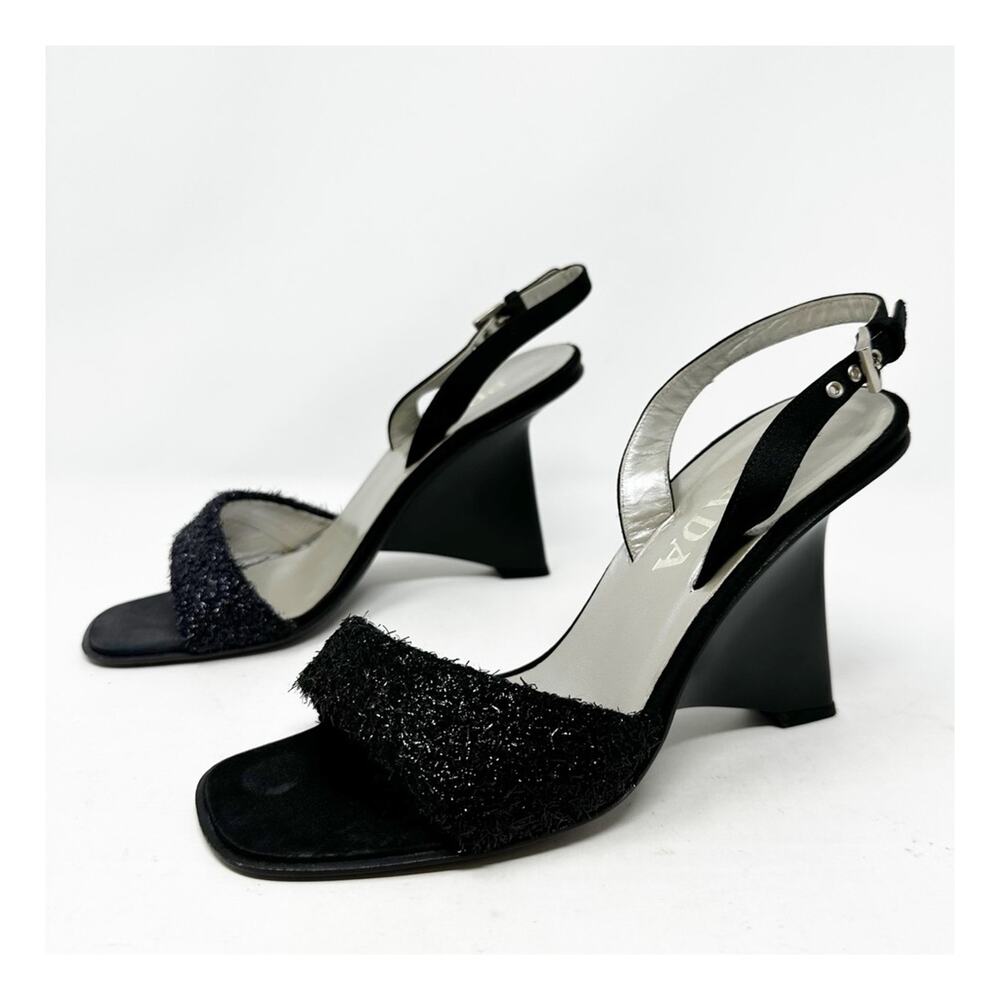Prada Vintage Black Slingback Wedge Sandals Womens Size 38